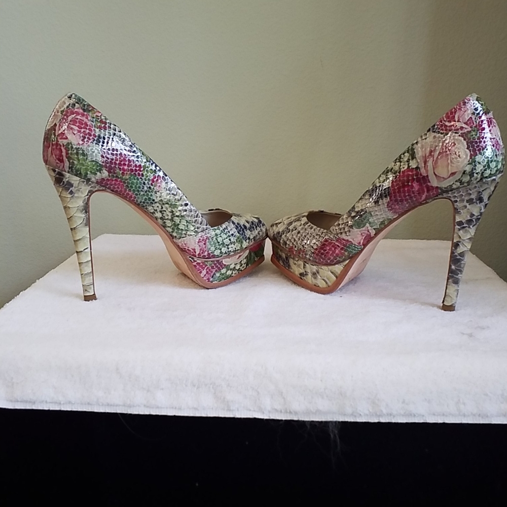 Aldo Snake Print & Floral Peep Toe Stilettos 38
